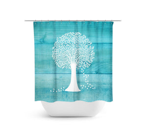 Farmhouse Aqua & White Tree Fabric Shower Curtain - SHOWER4