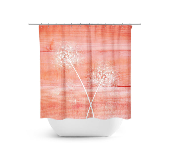 Farmhouse Coral & White Dandelion Fabric Shower Curtain - SHOWER16