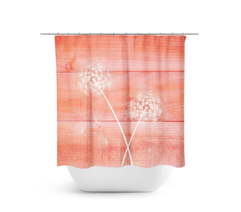 Farmhouse Coral & White Dandelion Fabric Shower Curtain - SHOWER16