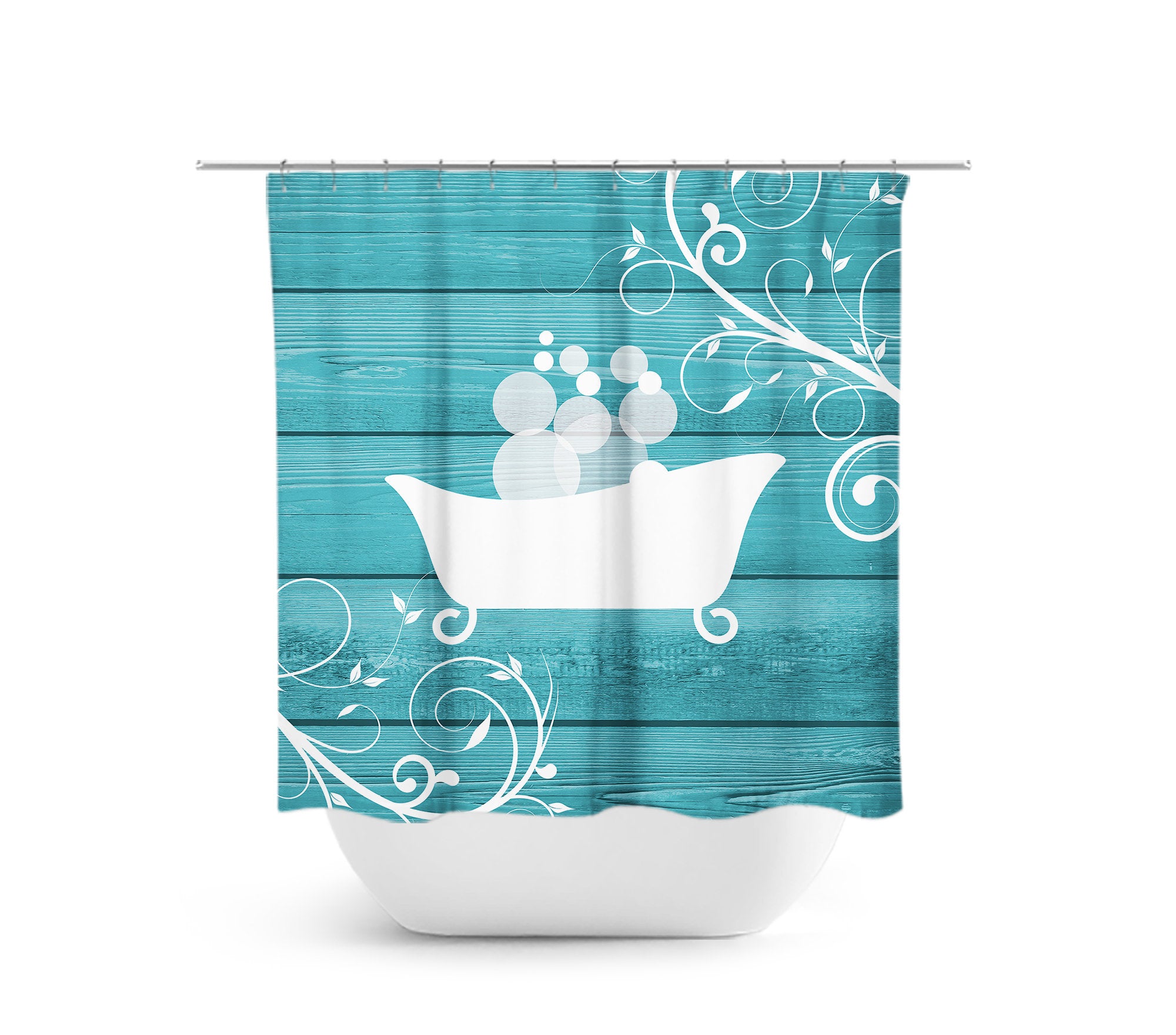 Farmhouse Turquoise & White Clawfoot Bathtub Fabric Shower Curtain - SHOWER30