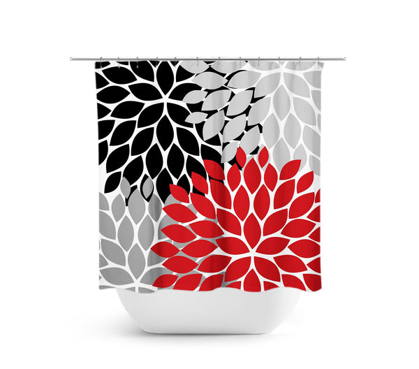 Black, Red & Gray Flower Burst Fabric Shower Curtain - SHOWER37
