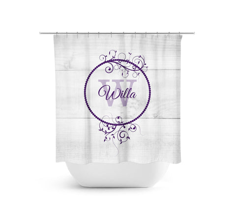 Farmhouse White and Purple Monogram Shower Curtain - SHOWER43
