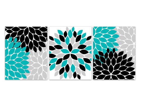 Flower Burst Wall Decor, Teal Black Gray, Office Decor, Home Decor Canvas or Prints, Aqua Bedroom, Turquoise Black Bathroom - HOME420