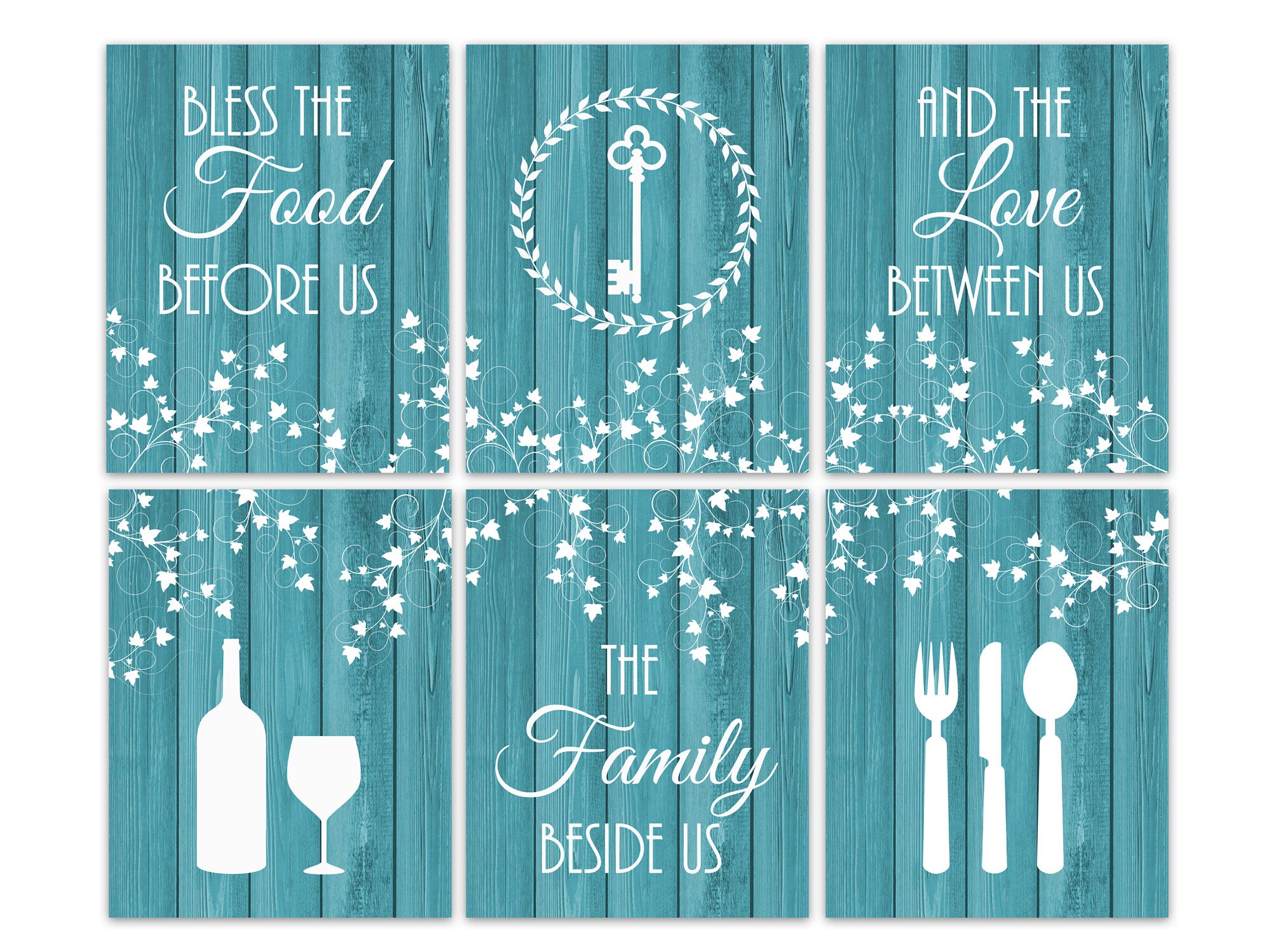 Teal  Rustic Kitchen 6pc Wall Art - Wine, Utensils & Key - "Bless The Food Before Us" - HOME421