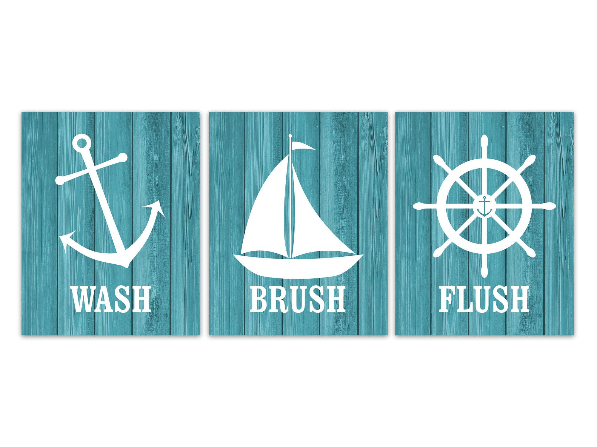 Teal Nautical Bathroom Rules Pictures, Wash Brush Flush CANVAS or PRINTS, Kids Bathroom Art, Beach Home Decor, Anchor Wheel Boat - BATH284