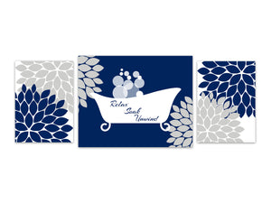Blue & Gray Flower Burst Bathroom 3pc Art - White Clawfoot Bathtub "Relax Soak Unwind" - BATH288