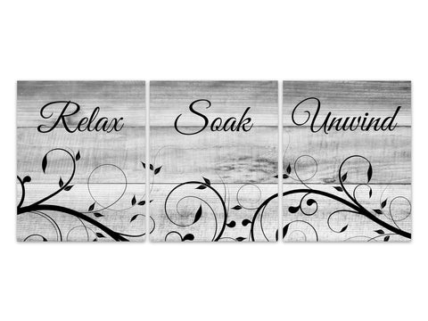 Rustic Gray Bathroom Decor, Relax Soak Unwind, Bathroom Art, Wood Effect Bath Art PRINTS or CANVAS, Set of 3 Bathroom Decor - BATH290