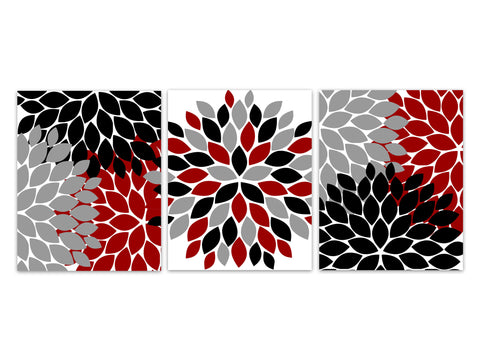 Home Decor CANVAS or PRINTS, Home Decor Wall Art, Red Gray Black Flower Burst Art, Bathroom Wall Decor, Black and Red Decor - HOME402