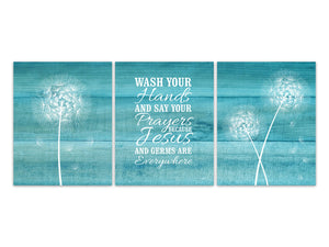 Wash Your Hands and Say Your Prayers, Jesus and Germs Everywhere, Aqua Farmhouse Bathroom Decor, Dandelion Bathroom Quote CANVAS - BATH297