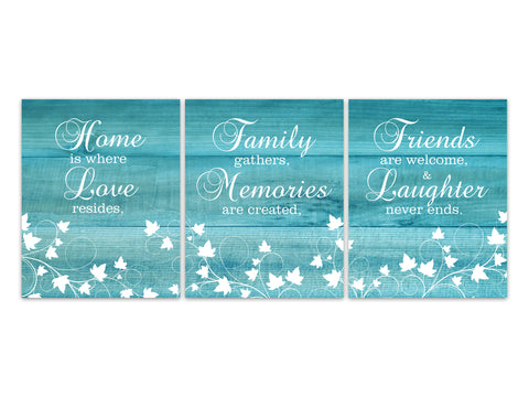 Friends and Laughter, Family Gathers, Home is Where Love Resides, Family Quote Artwork, Teal Home Decor CANVAS, Farmhouse Decor - HOME431