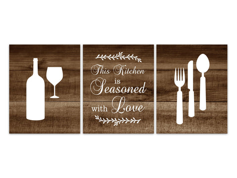 Kitchen Wall Art, This Kitchen is Seasoned with Love, Rustic Kitchen Canvas, Farmhouse Kitchen Decor, Brown Kitchen Quote Art - HOME450