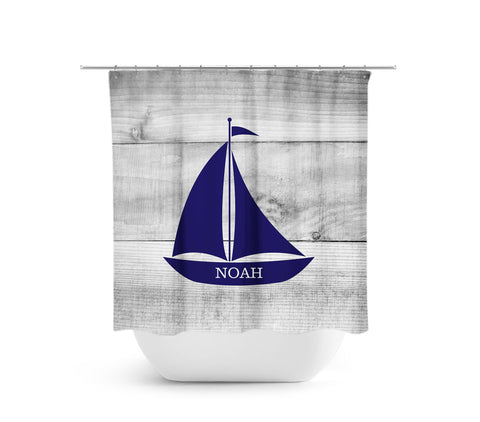 Personalized Nautical Gray & Blue Sailboat Fabric Shower Curtain - SHOWER24