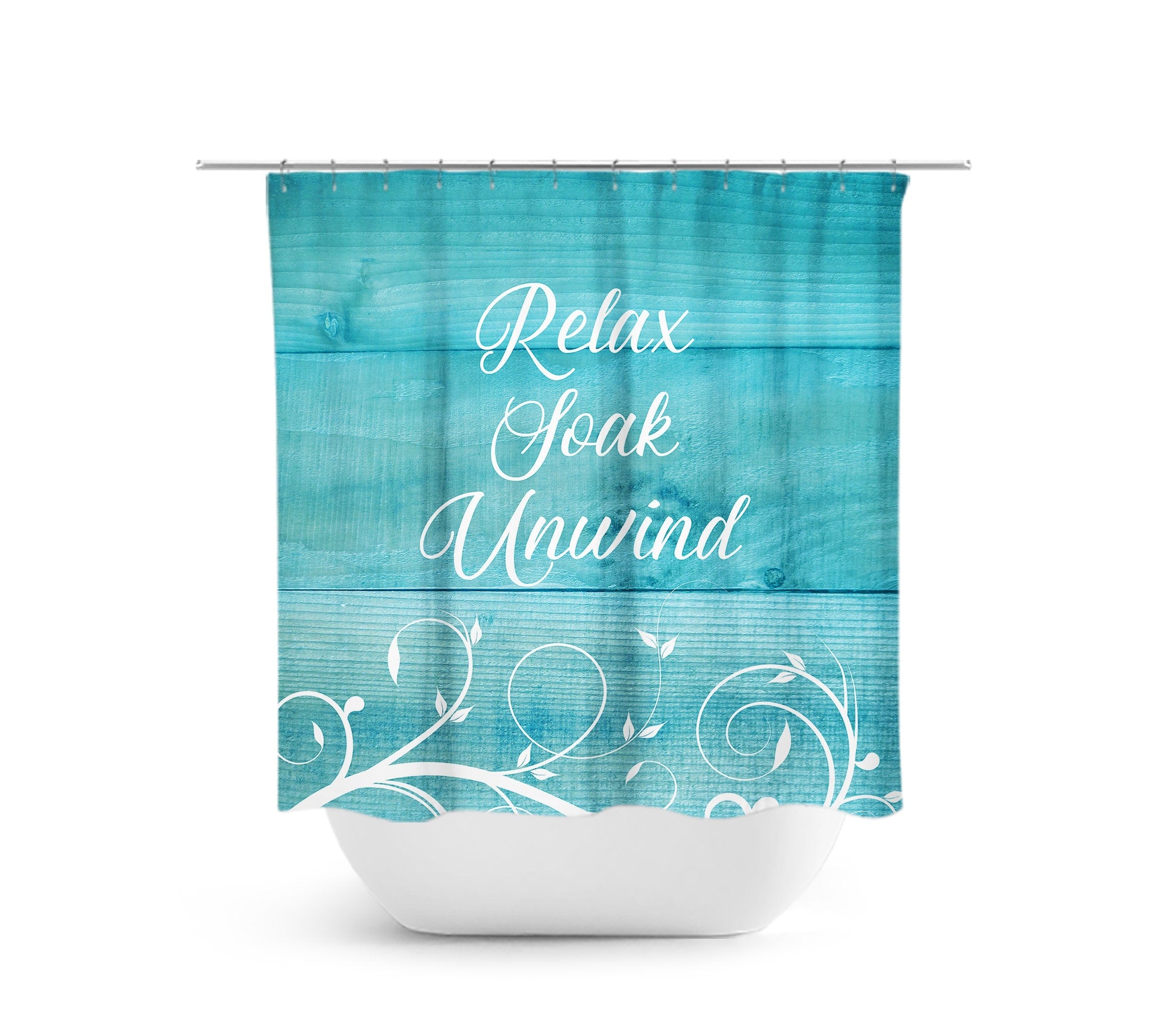 Farmhouse Aqua and White Scroll Art Shower Curtain, Relax Soak Unwind - SHOWER35