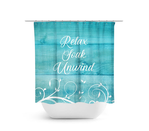 Farmhouse Aqua and White Scroll Art Shower Curtain, Relax Soak Unwind - SHOWER35