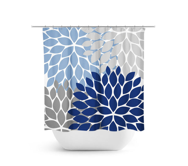 Blue & Gray Flower Burst Fabric Shower Curtain - SHOWER38