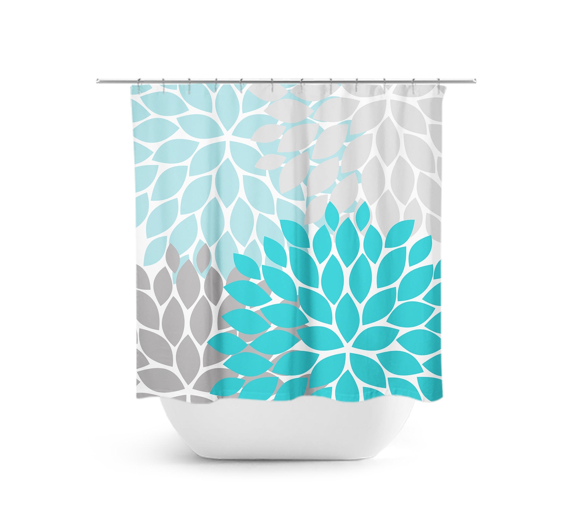 Gray & Aqua Flower Burst Fabric Shower Curtain - SHOWER41