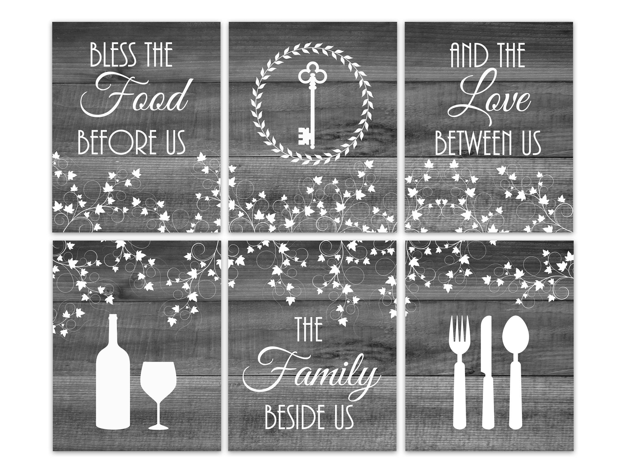 Gray Farmhouse Kitchen 6pc Wall Art - Wine, Utensils & Key - "Bless The Food Before Us" - HOME422