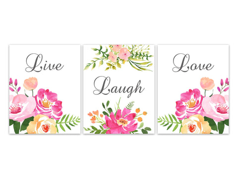 Live Laugh Love Home Decor Wall Art Prints or Canvas, Pink Floral Bedroom Wall Decor, Watercolor Floral Artwork, Living Room Decor - HOME455