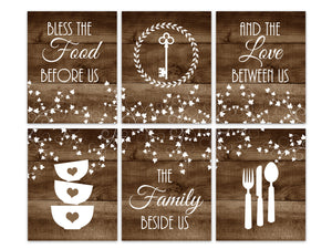 Brown Rustic Kitchen 6pc Wall Art - Stacking Bowls, Utensils & Key - "Bless The Food Before Us" - HOME456