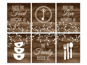 Brown Rustic Kitchen 6pc Wall Art - Stacking Bowls, Utensils & Key - "Bless The Food Before Us" - HOME456