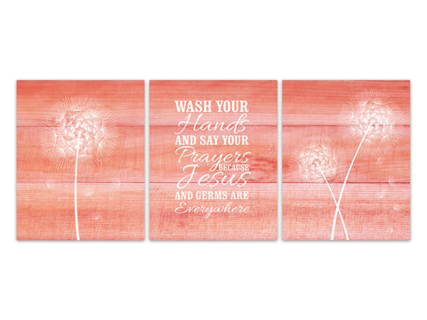 Wash Your Hands and Say Your Prayers, Jesus and Germs Everywhere, Coral Farmhouse Bathroom Decor, Dandelion Bathroom CANVAS - BATH296