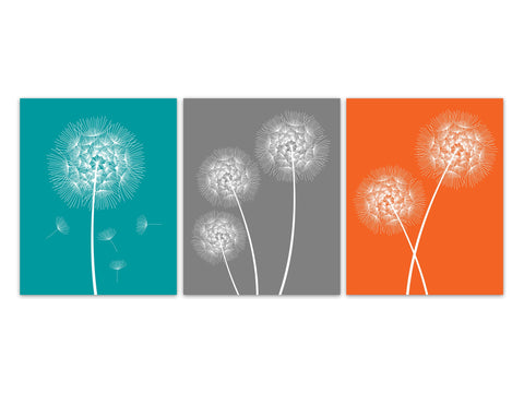 Teal Orange Wall Art PRINTS, Dandelion Artwork, Home Decor Canvas, Floral Bathroom, Dandelion Prints, Orange Teal Bedroom - HOME459