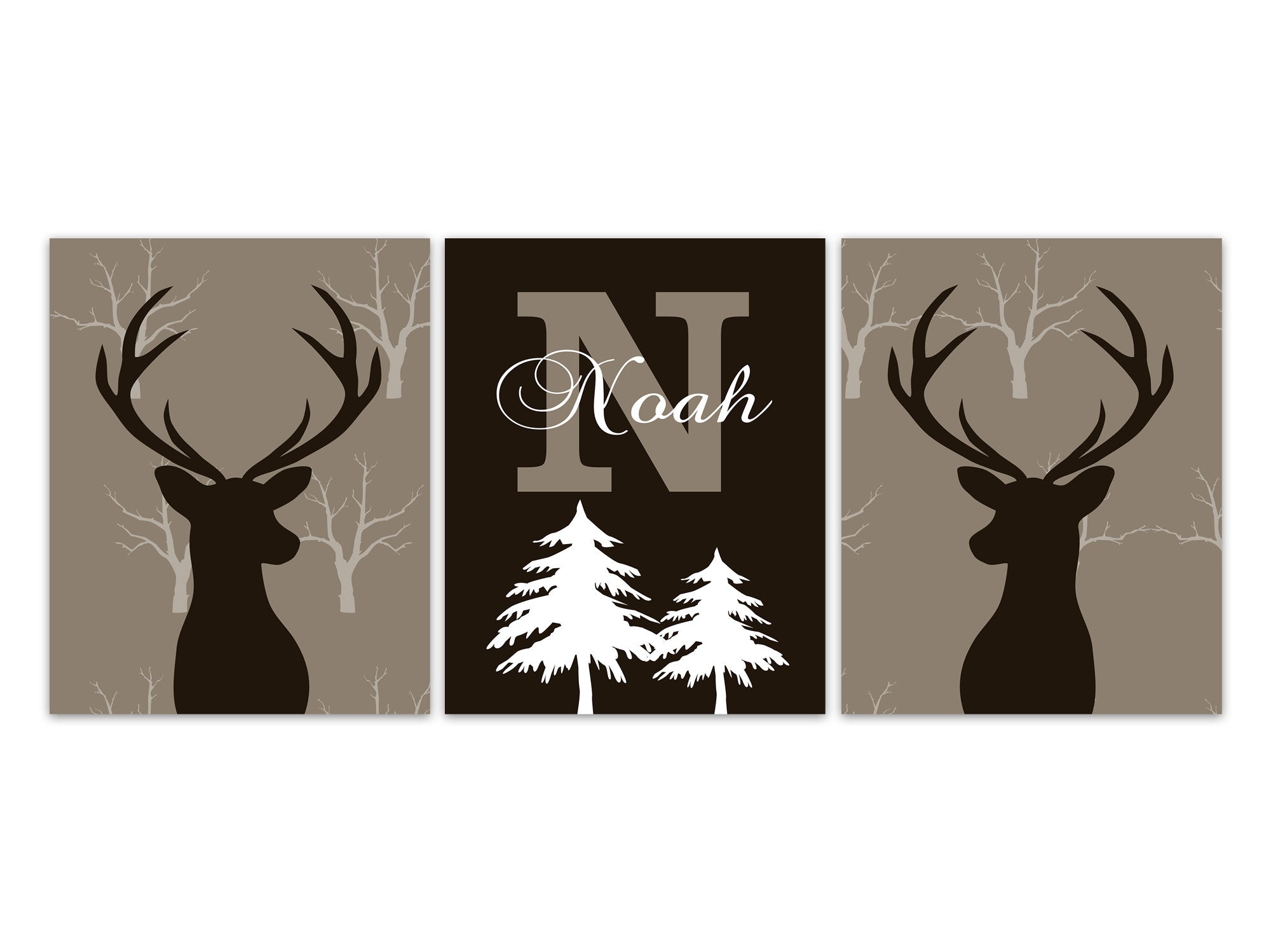 Woodland Nursery Decor, Brown Nursery CANVAS or PRINTS, Antler Nursery, Monogram Deer Wall Art, Baby Boy Deer, Playroom Decor - KIDS309