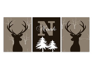 Woodland Nursery Decor, Brown Nursery CANVAS or PRINTS, Antler Nursery, Monogram Deer Wall Art, Baby Boy Deer, Playroom Decor - KIDS309