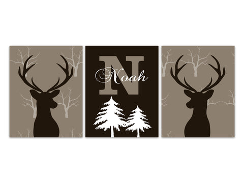 Woodland Nursery Decor, Brown Nursery CANVAS or PRINTS, Antler Nursery, Monogram Deer Wall Art, Baby Boy Deer, Playroom Decor - KIDS309
