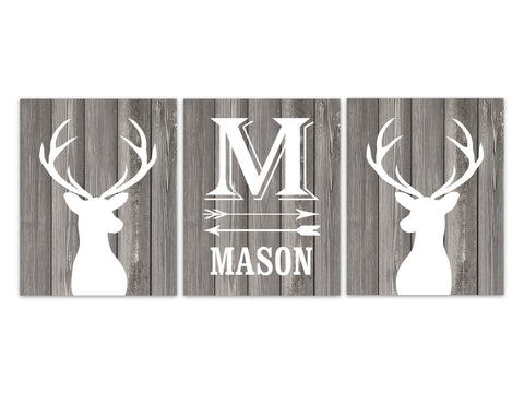 Baby Boy Nursery Art, Gray Rustic Farmhouse Deer Theme Nursery, Personalize Wall Art, Woodland Boy Room Decor, Playroom Wall Art - KIDS311