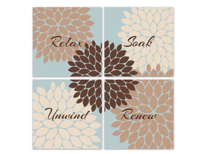 Teal, Brown & Tan Flower Burst Square Bathroom 4pc Wall Art - "Relax Soak Unwind Renew" - BATH305