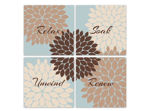Teal, Brown & Tan Flower Burst Square Bathroom 4pc Wall Art - "Relax Soak Unwind Renew" - BATH305