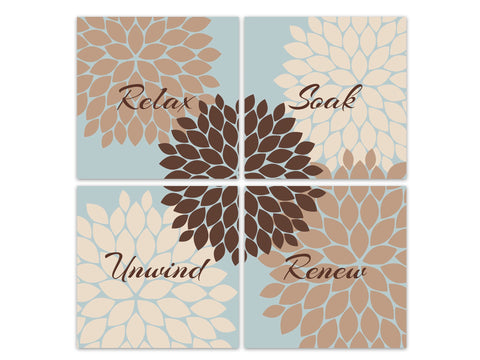 Teal, Brown & Tan Flower Burst Square Bathroom 4pc Wall Art - "Relax Soak Unwind Renew" - BATH305