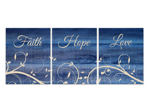 Faith Hope Love Religious Quote, Farmhouse Decor, Blue Home Decor, Kitchen Wall Art, Bible Verse Art, Rustic Home Decor CANVAS - HOME464