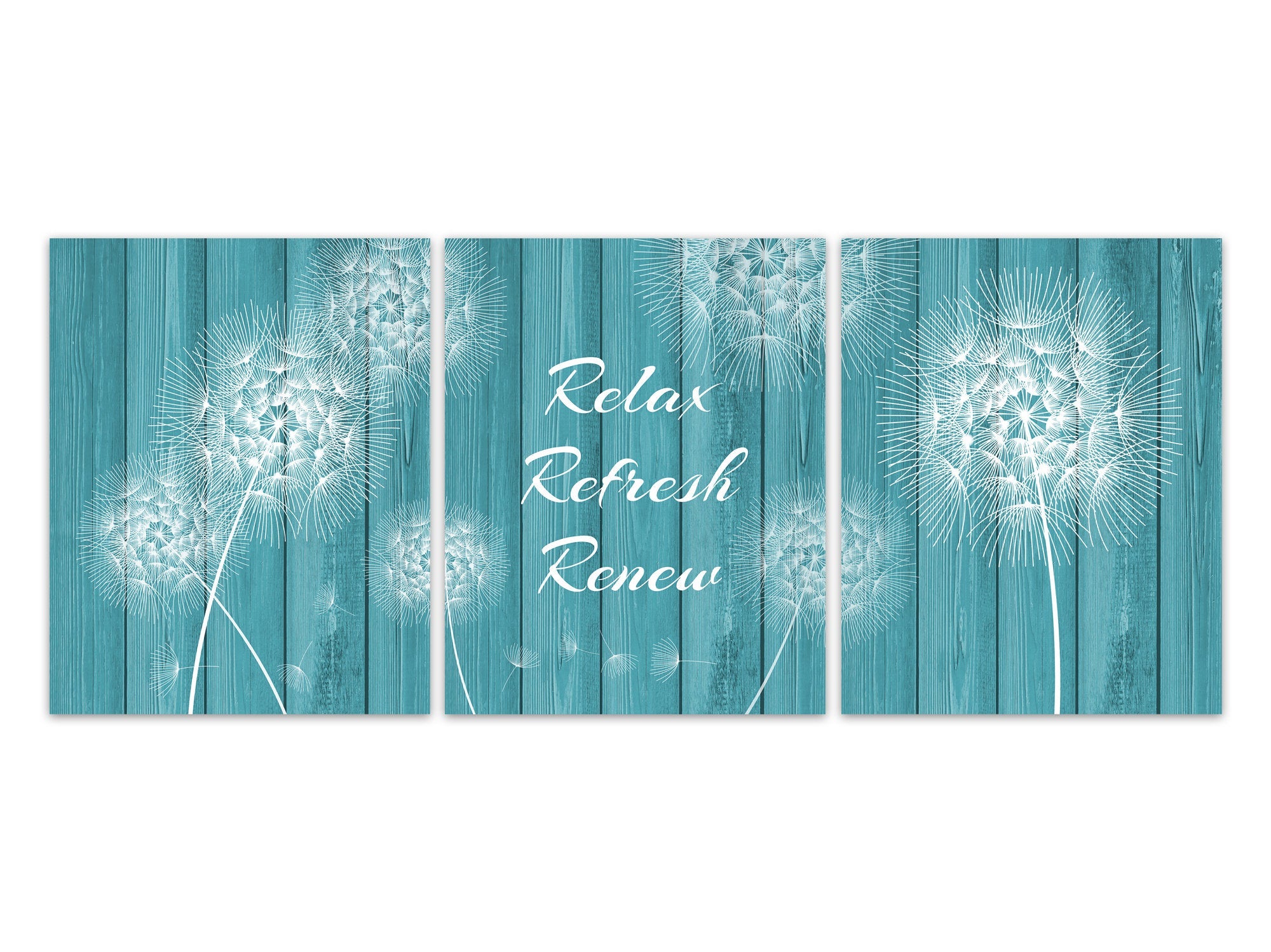 Relax Refresh Renew CANVAS, Dandelion Wall Art, Teal Bathroom Art, Wood Effect Dandelion Bathroom Decor, Set of 3 Bath Art Prints - BATH300