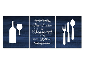 Rustic Kitchen Decor, This Kitchen Is Seasoned with Love Kitchen Quote, Blue Kitchen Canvas, Spoon Fork Knife, Wine Bottle Picture - HOME451
