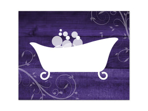 Scroll Bathroom Wall Art - Purple Wood Effect & White Clawfoot Bathtub with Bubbles - BATH309