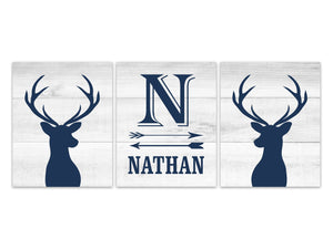 Boys Room Monogram Wall Art, Deer Nursery CANVAS, Playroom Decor, Blue Gray Nursery Art, Deer Antler Nursery, Rustic Nursery Decor - KIDS312