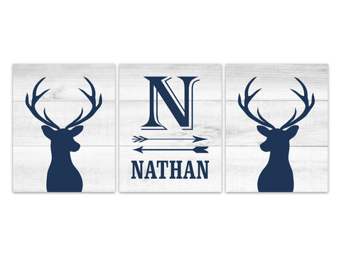 Boys Room Monogram Wall Art, Deer Nursery CANVAS, Playroom Decor, Blue Gray Nursery Art, Deer Antler Nursery, Rustic Nursery Decor - KIDS312