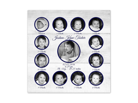 Baby's First Year Photo Collage, Baby Boy Nursery Decor, First Birthday Gift, Baby Keepsake, Baby Birth Stats Nursery CANVAS or PRINT- FR2