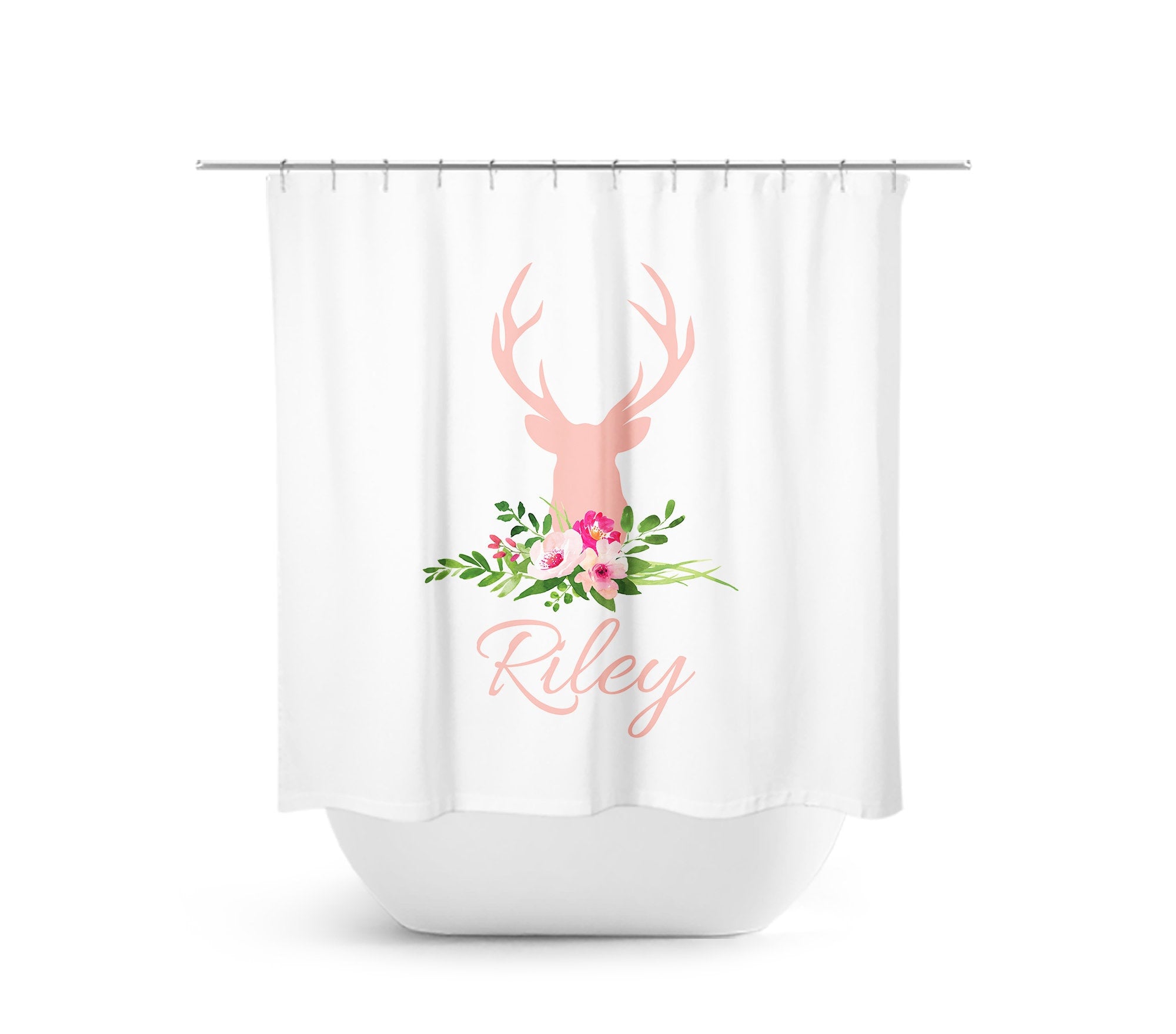 Personalized Pink Floral Deer Head Antler Shower Curtain - SHOWER51