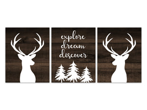 Explore Dream Discover Woodland Nursery Prints or CANVAS, Rustic Nursery Decor, Deer Antler Wall Art, Baby Boys Room, Playroom Art - KIDS314
