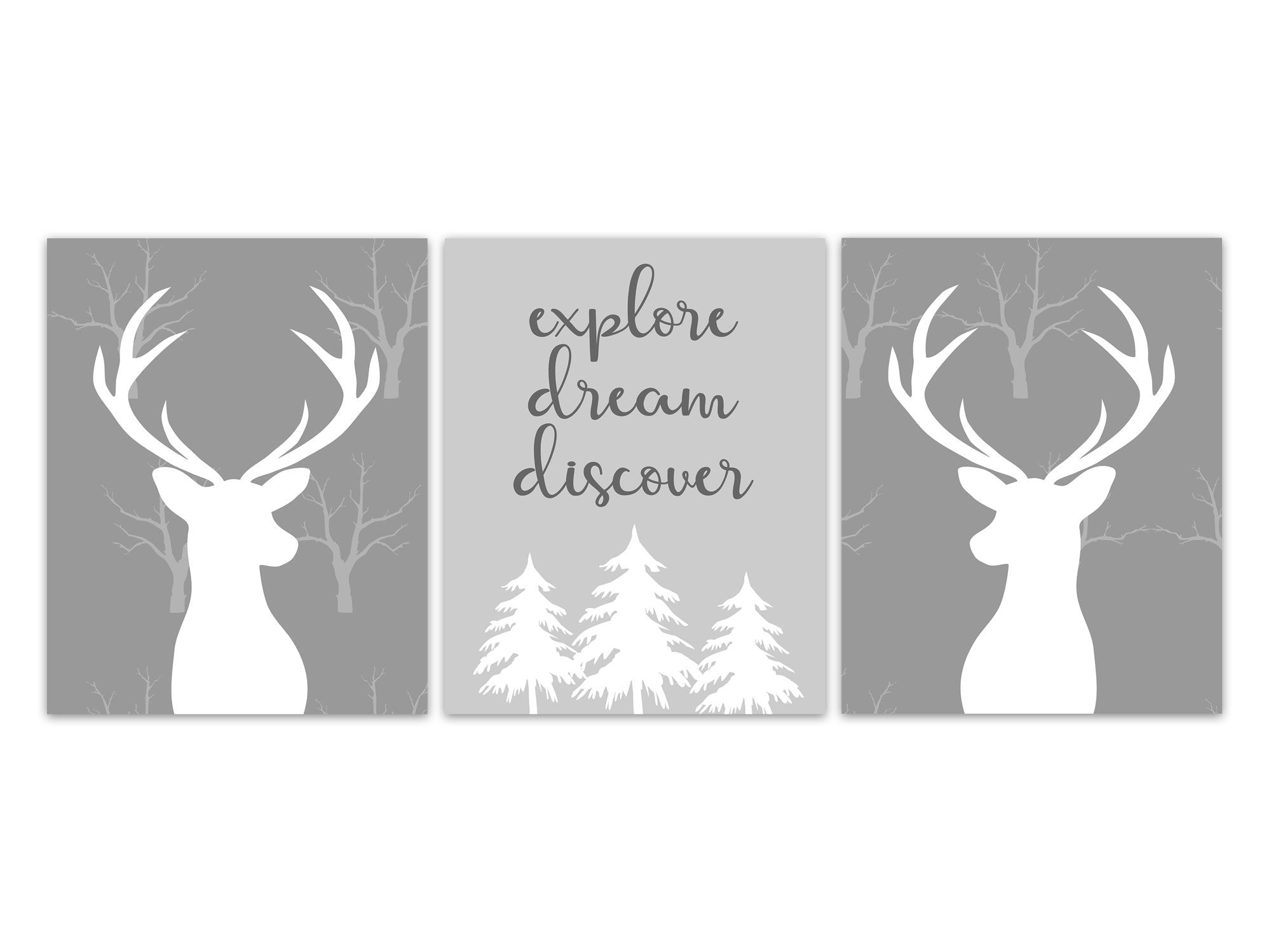 Explore Dream Discover Gray Nursery Decor, Woodland Nursery CANVAS or PRINTS, Antler Boys Room Decor, Playroom Quotes Wall Art - KIDS316
