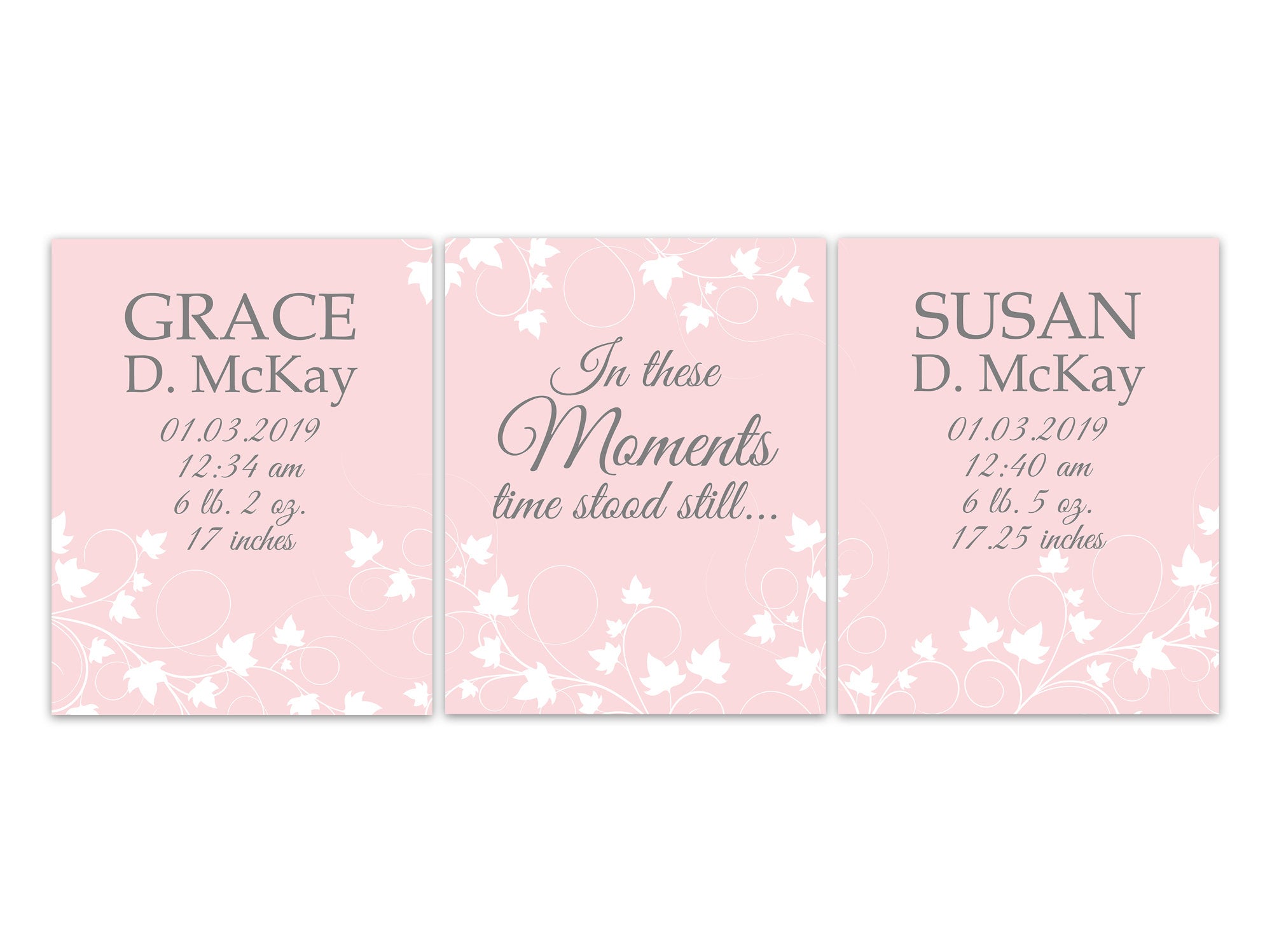 Pink Twin Sisters Birth Stats 3pc Wall Art - "In These Moments Time Stood Still" - KIDS324