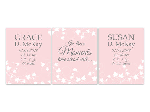 Pink Twin Sisters Birth Stats 3pc Wall Art - "In These Moments Time Stood Still" - KIDS324