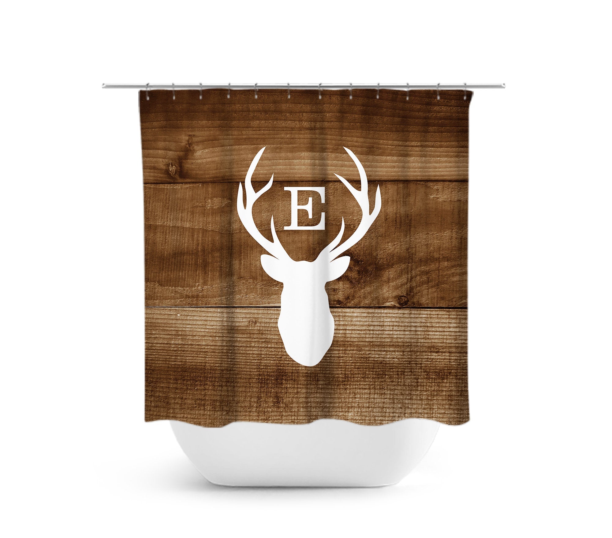 Rustic Brown & White Monogram Deer Antler Fabric Shower Curtain - SHOWER49