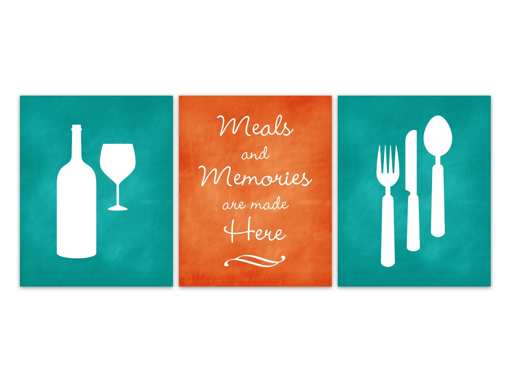 Teal Orange Kitchen CANVAS or PRINTS, Fork and Spoon Wall Decor, Wine Glass Art, Turquoise Kitchen Decor, Meals and Memories Quote - HOME462