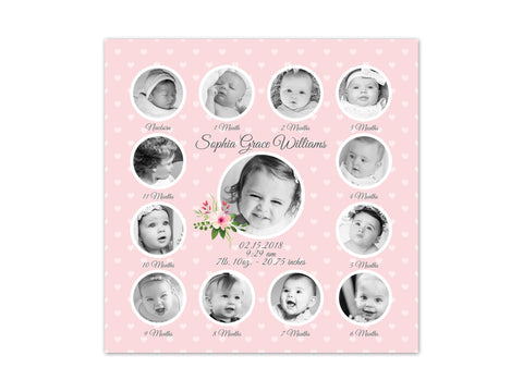 Pink Nursery Decor, Birth Stats Art, Baby's 1st Year Pictures, 1st Birthday Gift, Baby Keepsake, Grandparents Gift, Mothers Day Gift - FR10
