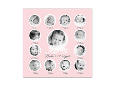 Pink Gray Nursery Decor, Baby's 1st Year Photo Collage, First Birthday Gift, Baby Keepsake, Nursery CANVAS or PRINT, Grandparents Gift -FR12