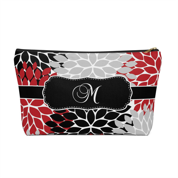 Personalized Makeup or Toiletry Bag - Red, Black & Gray Flower Burst - PH1